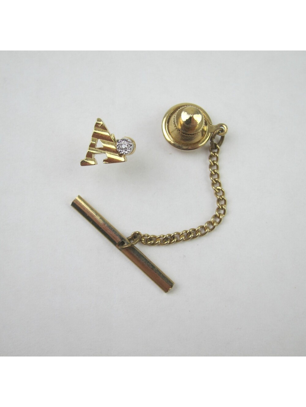 Vintage Monogram Letter A Tie Tack Lapel Pin Gold tone Chain Tie Bar